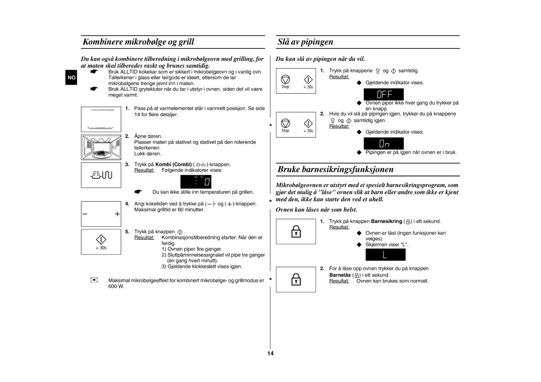 Samsung GE89MSTC/XEE manual Kombinere mikrobølge og grill Slå av pipingen, Bruke barnesikringsfunksjonen 