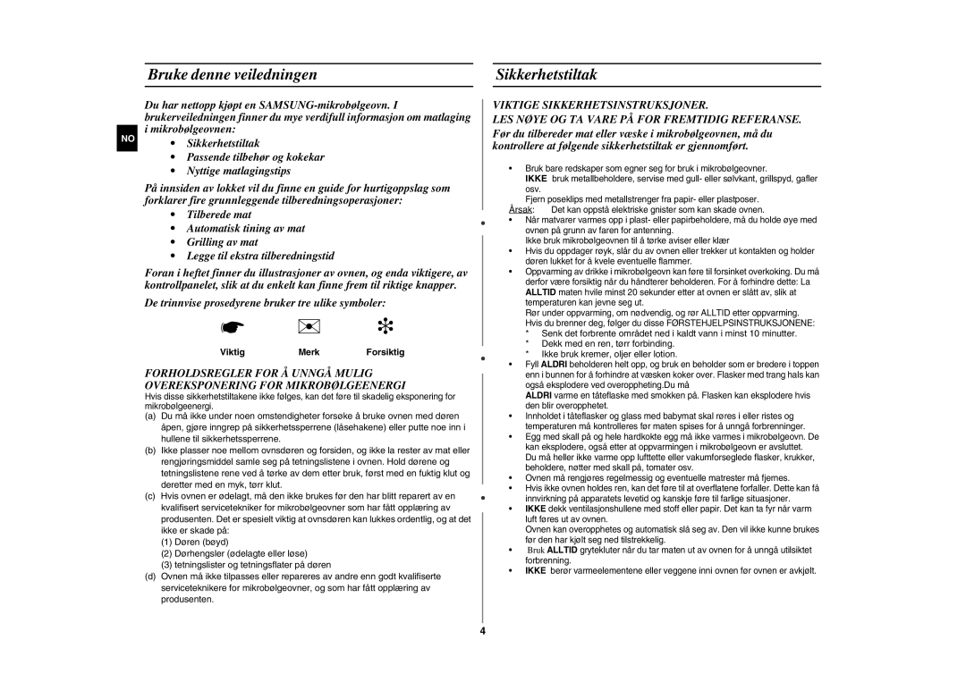 Samsung GE89MSTC/XEE manual Bruke denne veiledningen, Sikkerhetstiltak 