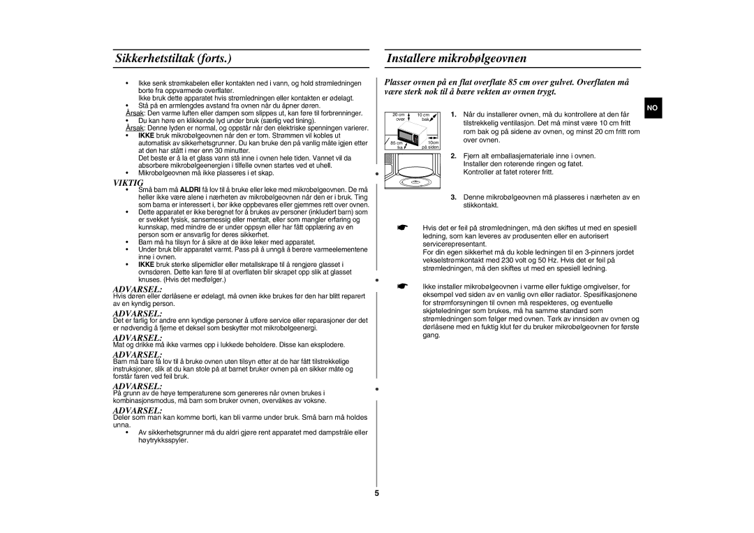 Samsung GE89MSTC/XEE manual Sikkerhetstiltak forts Installere mikrobølgeovnen, Viktig 