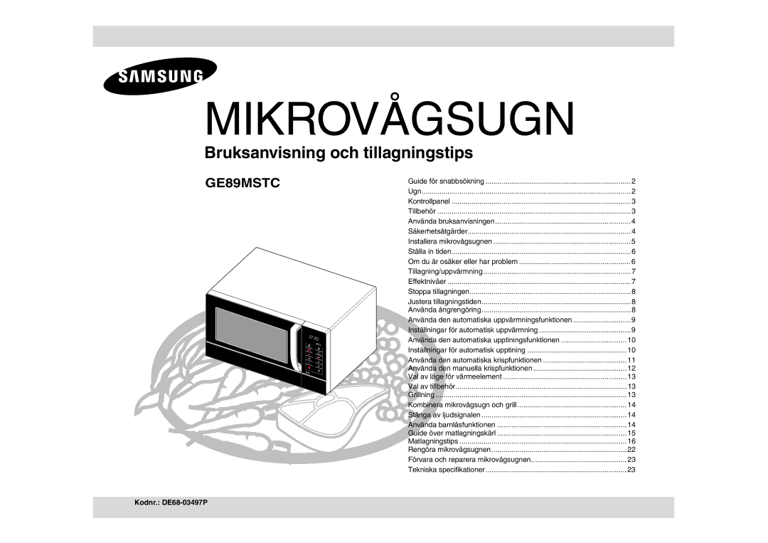 Samsung GE89MSTC/XEE manual Mikrovågsugn, Kodnr. DE68-03497P 