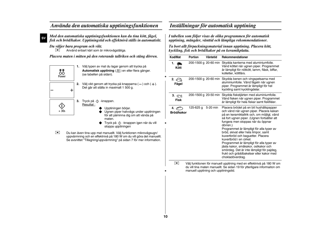 Samsung GE89MSTC/XEE manual Använda den automatiska upptiningsfunktionen, Inställningar för automatisk upptining 