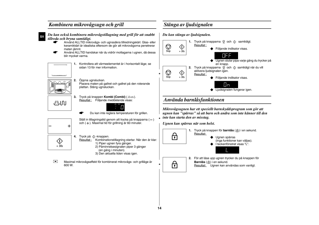 Samsung GE89MSTC/XEE manual Kombinera mikrovågsugn och grill Stänga av ljudsignalen, Använda barnlåsfunktionen 