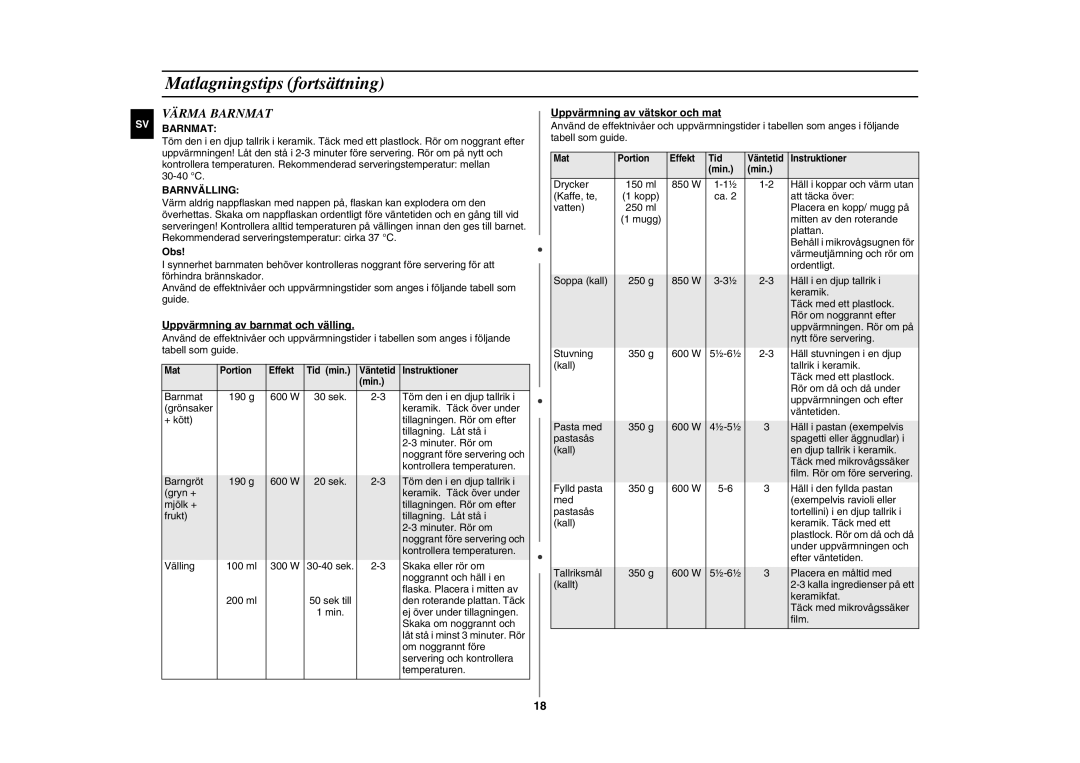 Samsung GE89MSTC/XEE manual Värma Barnmat, Barnvälling, Uppvärmning av barnmat och välling, Uppvärmning av vätskor och mat 