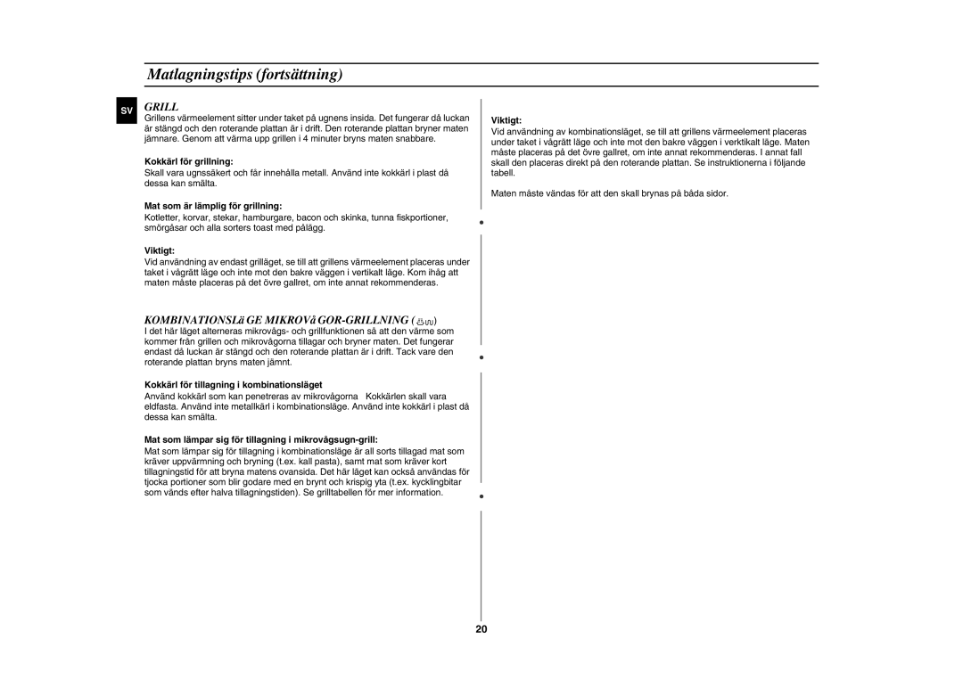 Samsung GE89MSTC/XEE manual Grill, KOMBINATIONSLä GE MIKROVå GOR-GRILLNING 