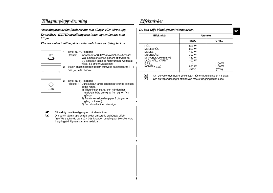 Samsung GE89MSTC/XEE Tillagning/uppvärmning Effektnivåer, Du kan välja bland effektnivåerna nedan, Effektnivå Uteffekt 