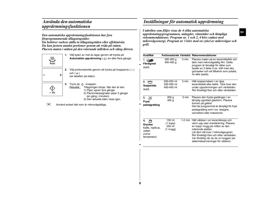 Samsung GE89MSTC/XEE manual Inställningar för automatisk uppvärmning 