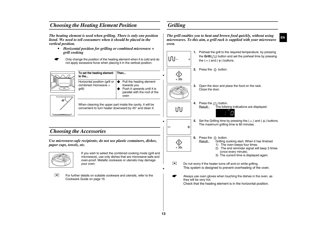 Samsung GE89MST/ELE manual Choosing the Heating Element Position Grilling, Choosing the Accessories 