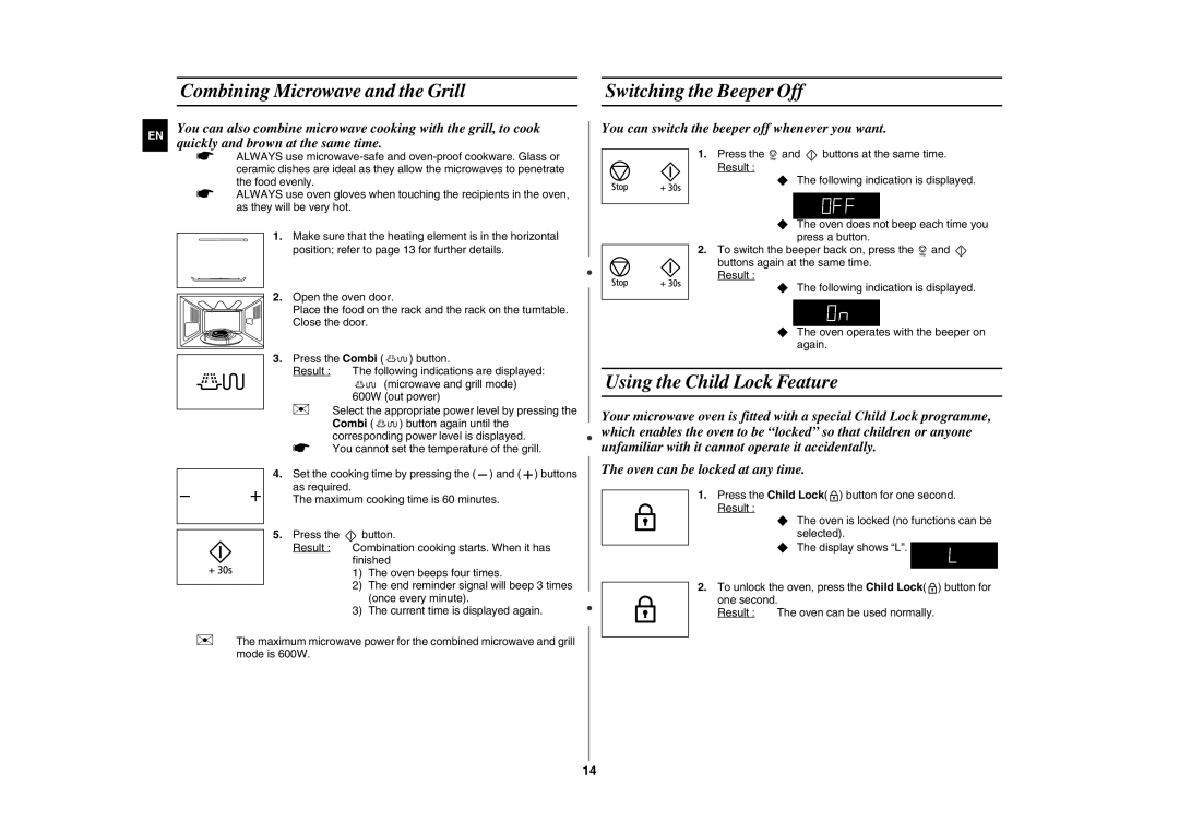 Samsung GE89MST/ELE manual Combining Microwave and the Grill Switching the Beeper Off, Using the Child Lock Feature 