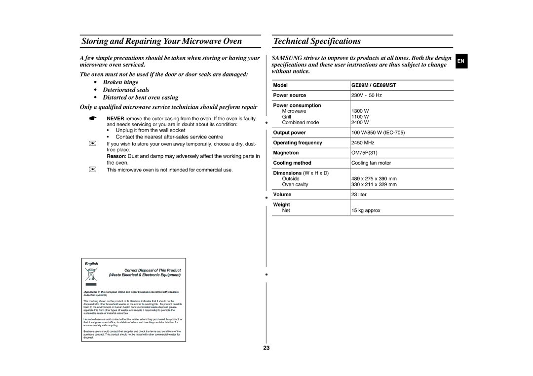 Samsung GE89MST/ELE manual Storing and Repairing Your Microwave Oven, Technical Specifications, GE89M / GE89MST 