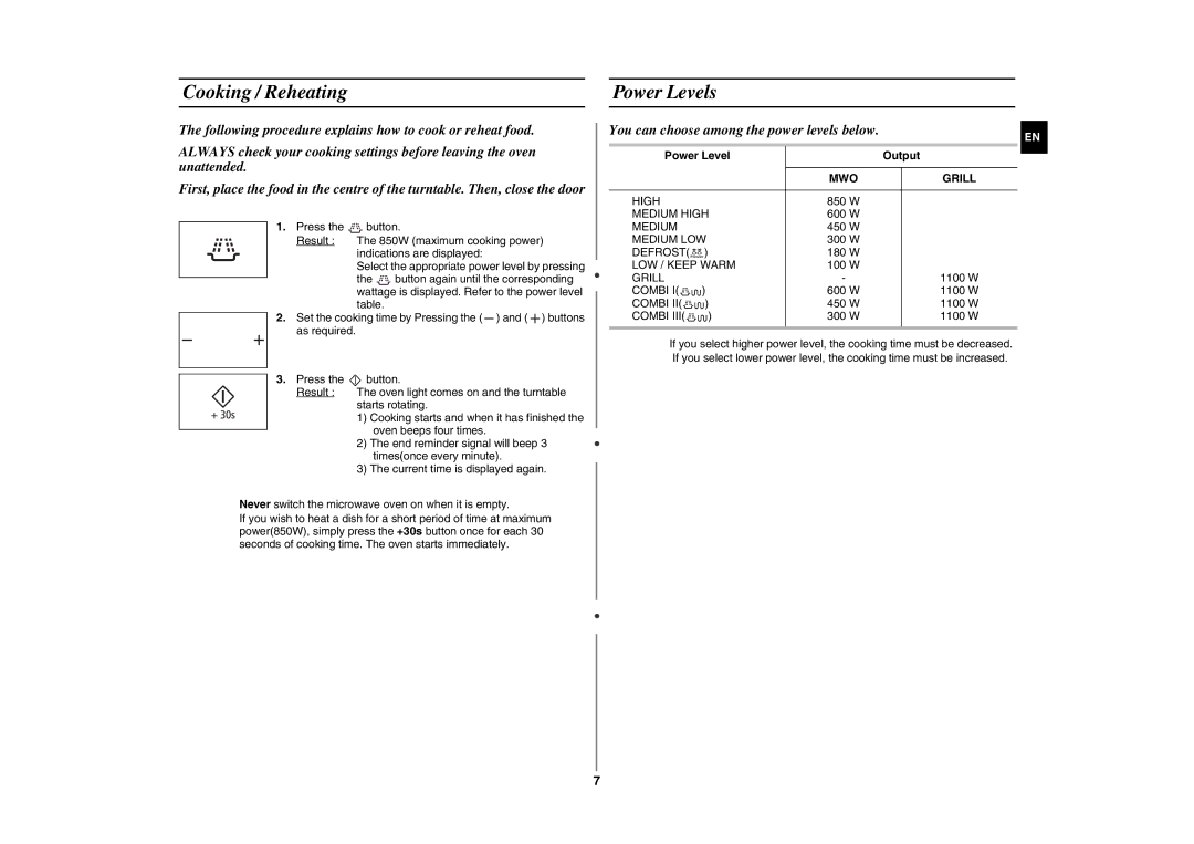 Samsung GE89MST/ELE Cooking / Reheating Power Levels, You can choose among the power levels below, Power Level Output 