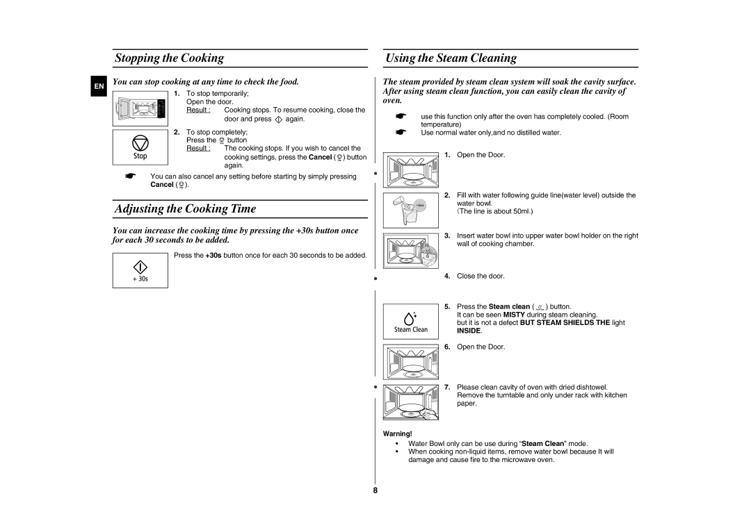 Samsung GE89MST/ELE manual Stopping the Cooking Using the Steam Cleaning, Adjusting the Cooking Time, Inside 