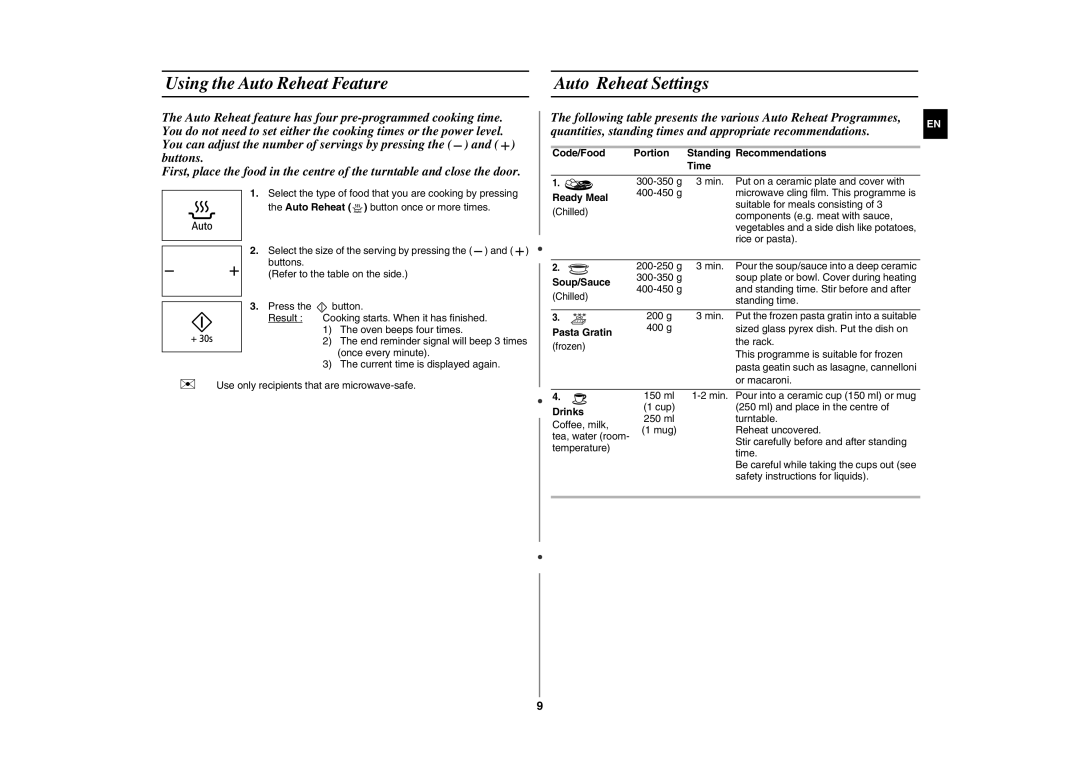 Samsung GE89MST/ELE manual Using the Auto Reheat Feature Auto Reheat Settings 