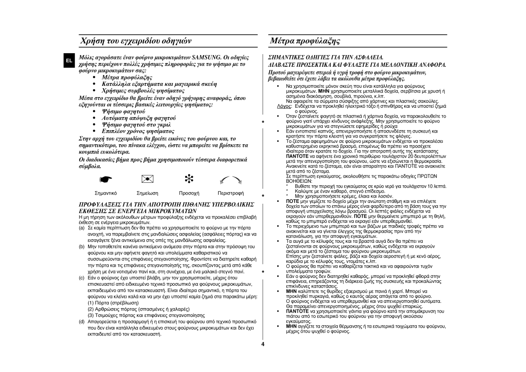 Samsung GE89MST/ELE manual Χρήση του εγχειριδίου οδηγιών Μέτρα προφύλαξης, Σημαντικό Σημείωση Προσοχή Περιστροφή 