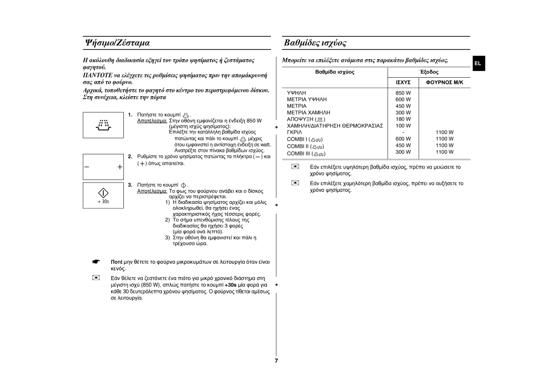 Samsung GE89MST/ELE manual Ψήσιμο/Ζέσταμα, Βαθμίδες ισχύος, Μπορείτε να επιλέξετε ανάμεσα στις παρακάτω βαθμίδες ισχύος 