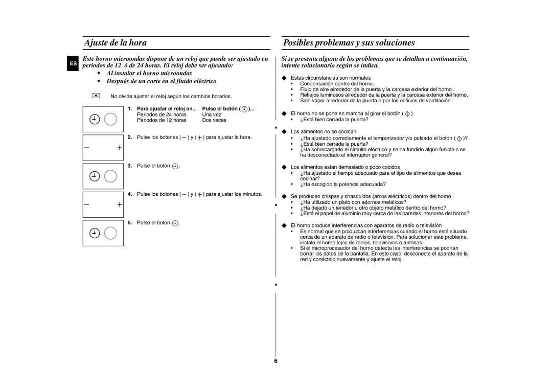 Samsung GE89MST/XEC manual Ajuste de la hora, Posibles problemas y sus soluciones, Una vez, Dos veces 