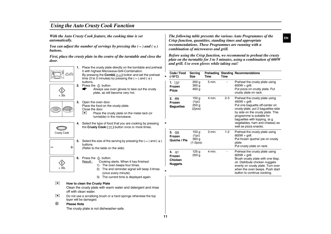 Samsung GE89MST-P/BAL, GE89MST/XEG, GE89MST/BAL manual Using the Auto Crusty Cook Function 