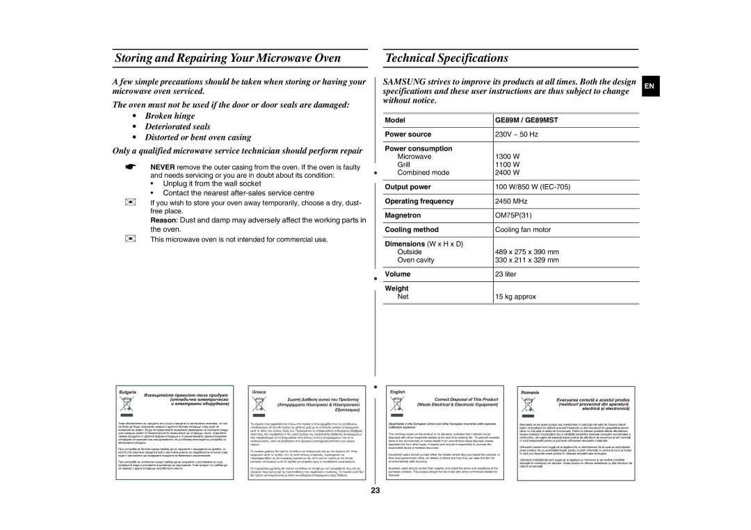 Samsung GE89MST-P/BAL, GE89MST/XEG Storing and Repairing Your Microwave Oven, Technical Specifications, GE89M / GE89MST 
