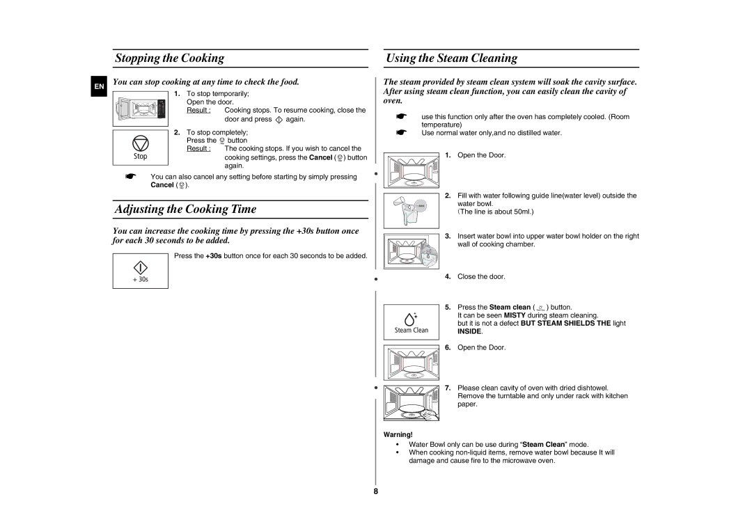 Samsung GE89MST-P/BAL, GE89MST/XEG manual Stopping the Cooking Using the Steam Cleaning, Adjusting the Cooking Time, Inside 