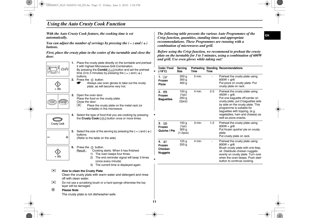 Samsung GE89MST/ELE, GE89MST/XEG manual Using the Auto Crusty Cook Function 