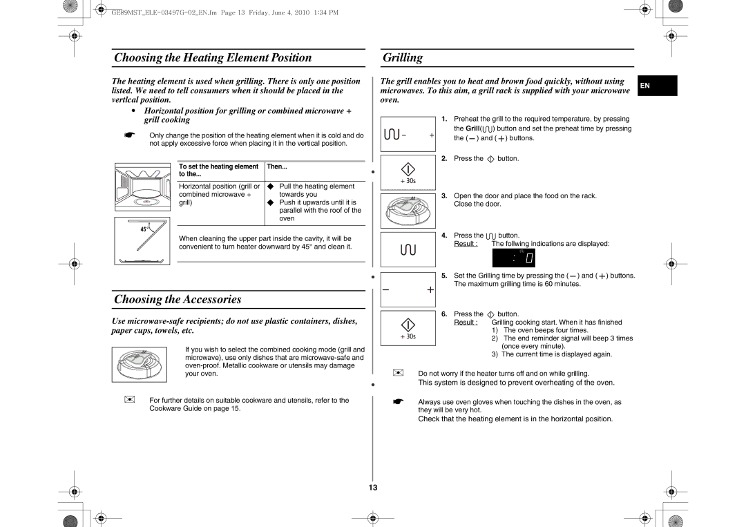 Samsung GE89MST/ELE, GE89MST/XEG manual Choosing the Heating Element Position Grilling, Choosing the Accessories 