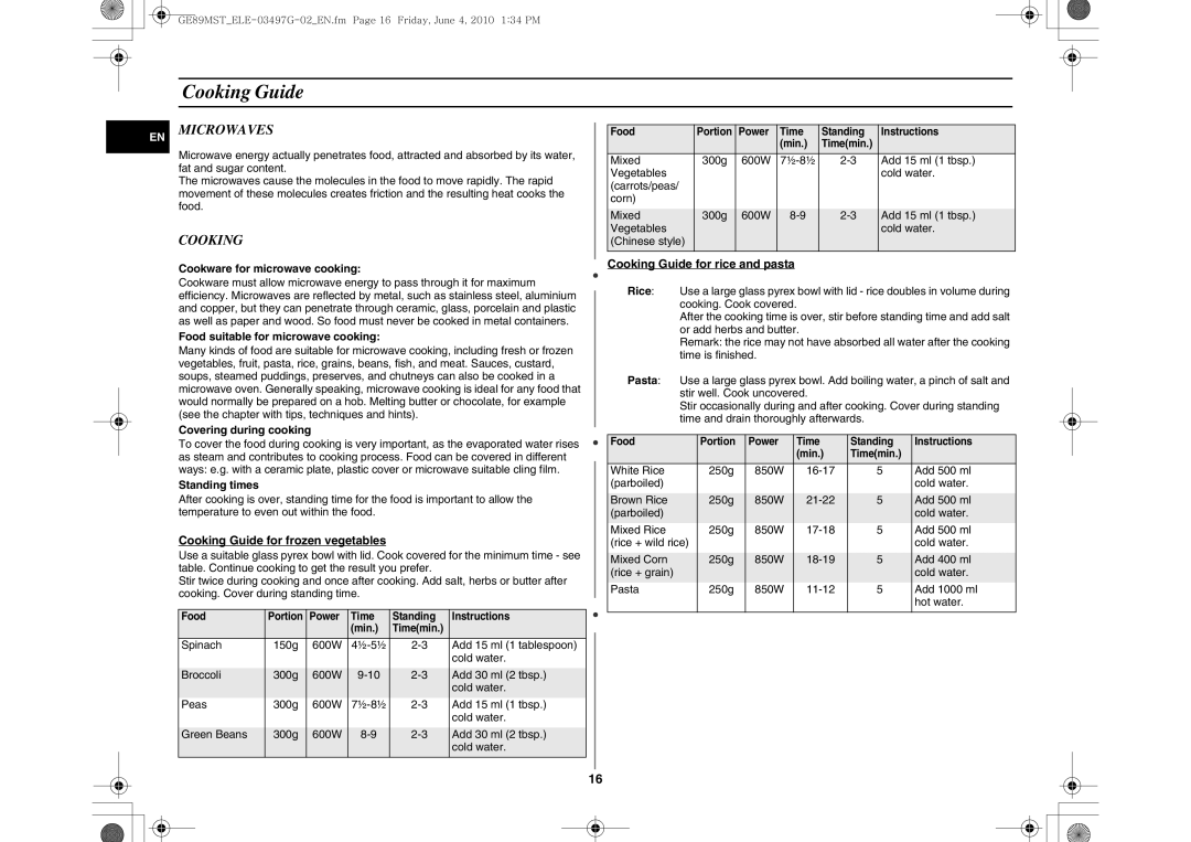 Samsung GE89MST/XEG, GE89MST/ELE manual Cooking Guide, Microwaves 