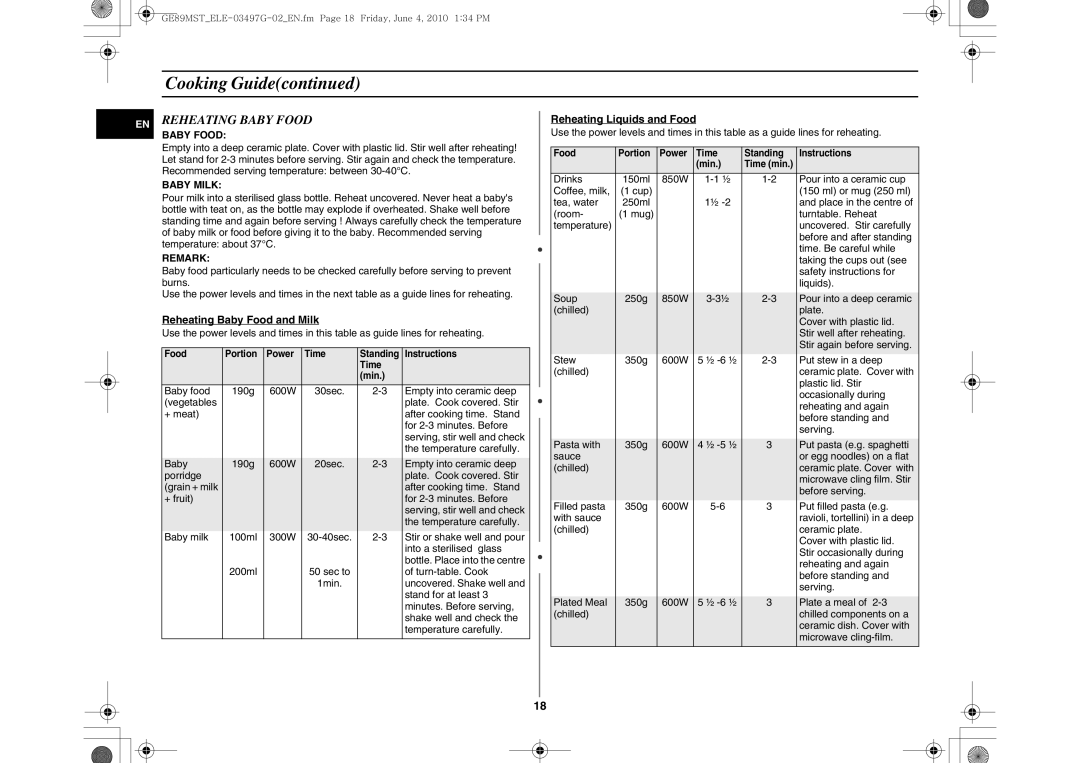 Samsung GE89MST/XEG, GE89MST/ELE manual Reheating Baby Food, Baby Milk, Remark 
