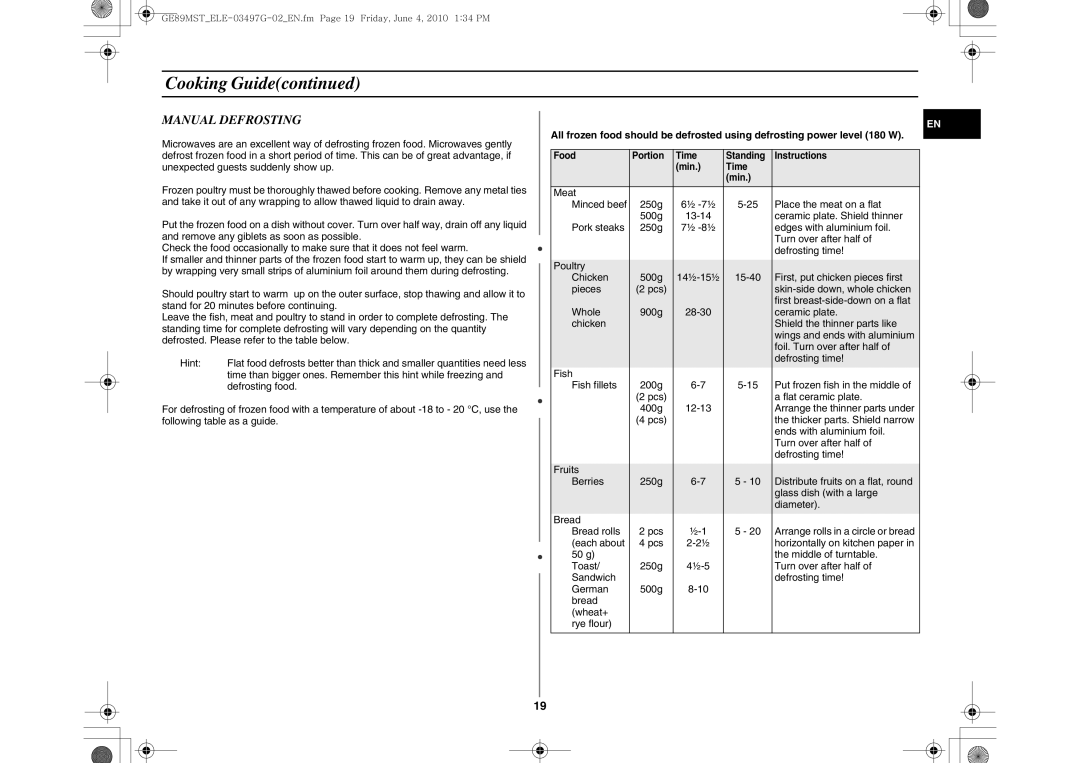 Samsung GE89MST/ELE, GE89MST/XEG manual Manual Defrosting 