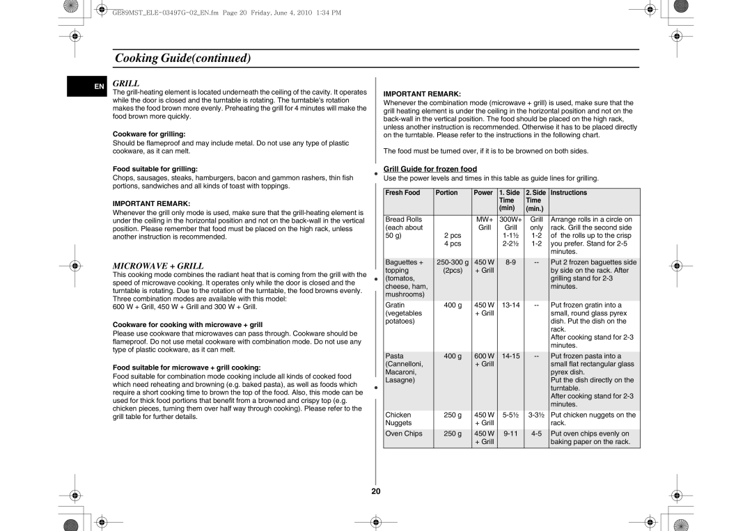 Samsung GE89MST/XEG, GE89MST/ELE manual EN Grill, Microwave + Grill, Important Remark 