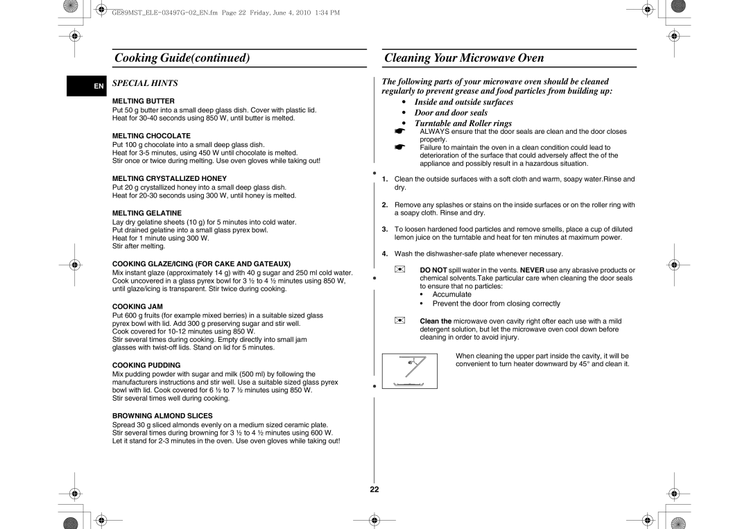 Samsung GE89MST/XEG, GE89MST/ELE manual Cleaning Your Microwave Oven, EN Special Hints 