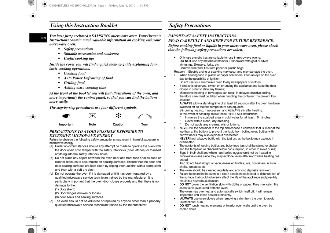 Samsung GE89MST/XEG, GE89MST/ELE manual   , Using this Instruction Booklet Safety Precautions 