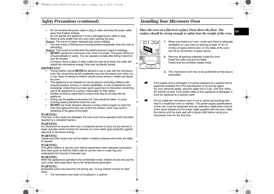 Samsung GE89MST/ELE, GE89MST/XEG manual Safety Precautions Installing Your Microwave Oven 