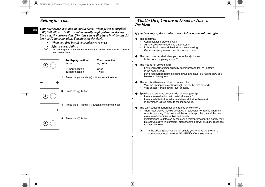 Samsung GE89MST/XEG, GE89MST/ELE Setting the Time, What to Do if You are in Doubt or Have a Problem, Then press, Button 