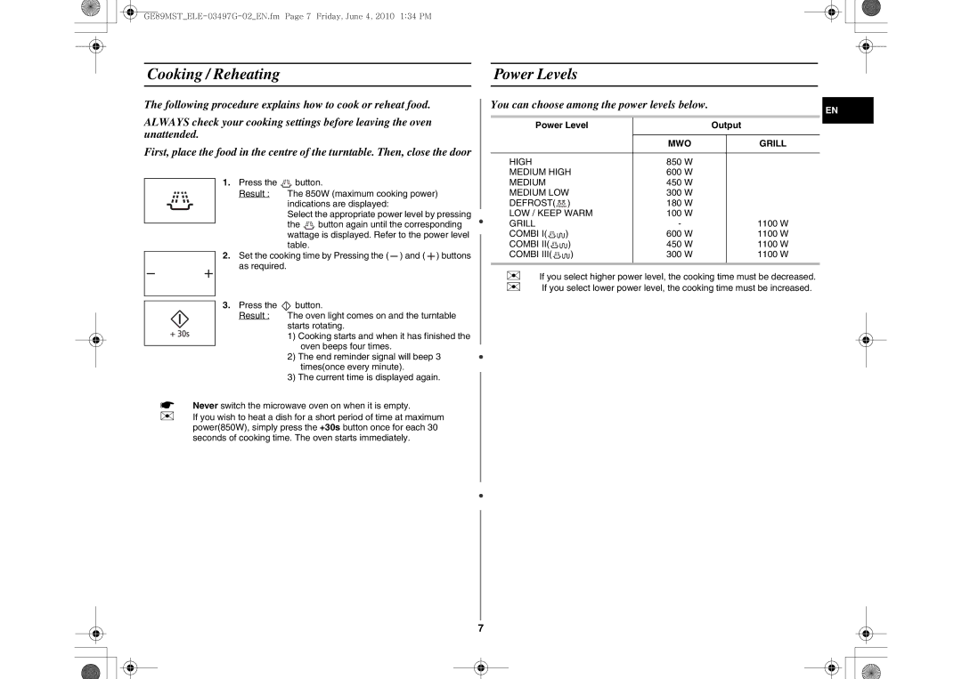 Samsung GE89MST/ELE Cooking / Reheating Power Levels, You can choose among the power levels below, Power Level Output 