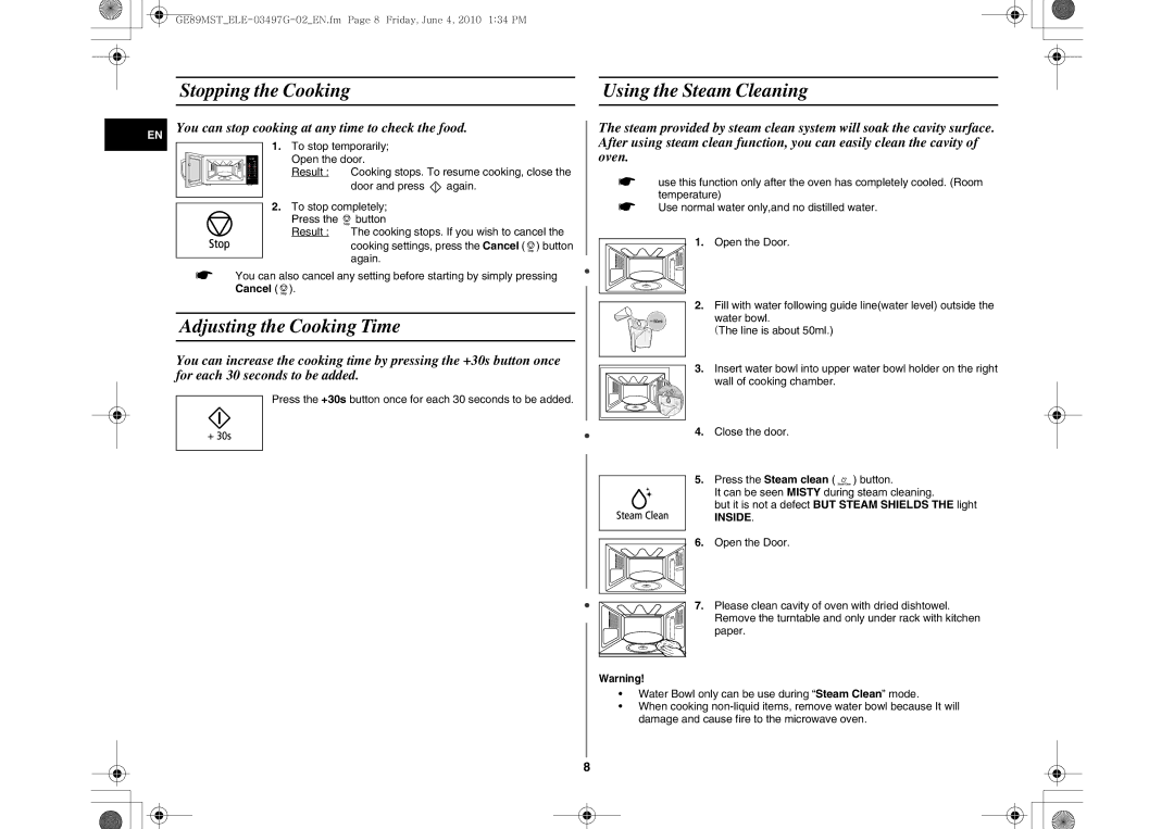 Samsung GE89MST/XEG, GE89MST/ELE manual Stopping the Cooking Using the Steam Cleaning, Adjusting the Cooking Time, Inside 