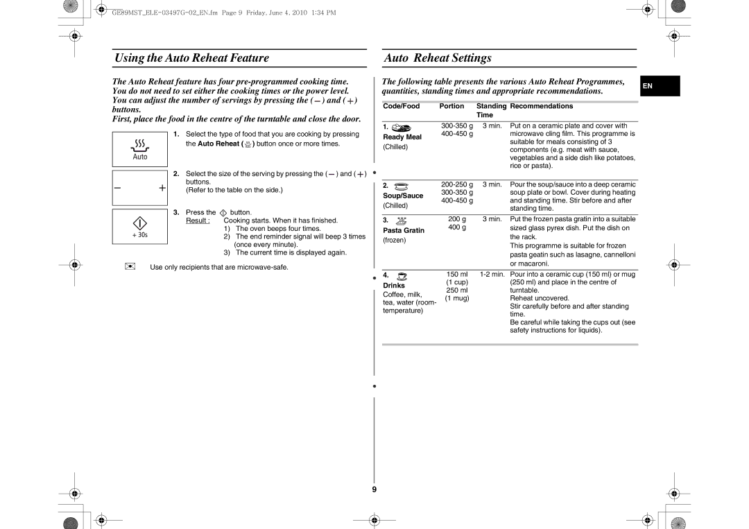 Samsung GE89MST/ELE, GE89MST/XEG manual Using the Auto Reheat Feature Auto Reheat Settings 