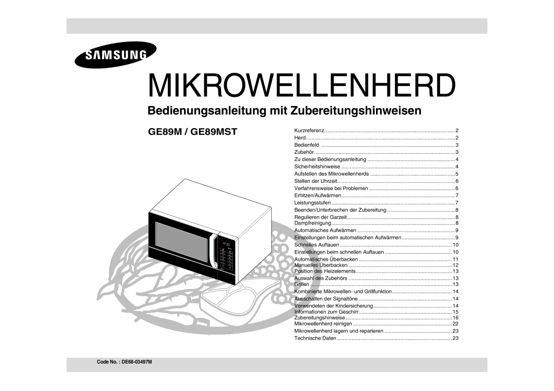 Samsung GE89MST/XEG manual Mikrowellenherd, Code No. DE68-03497M 