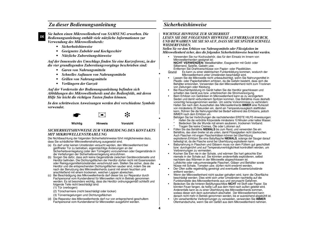 Samsung GE89MST/XEG manual Zu dieser Bedienungsanleitung, Sicherheitshinweise, Wichtig Hinweis Vorsicht 