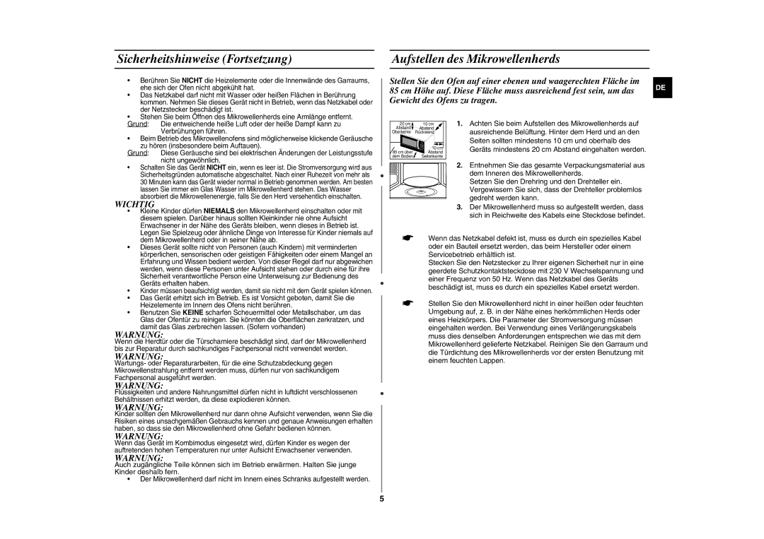 Samsung GE89MST/XEG manual Sicherheitshinweise Fortsetzung, Aufstellen des Mikrowellenherds, Wichtig, Warnung 