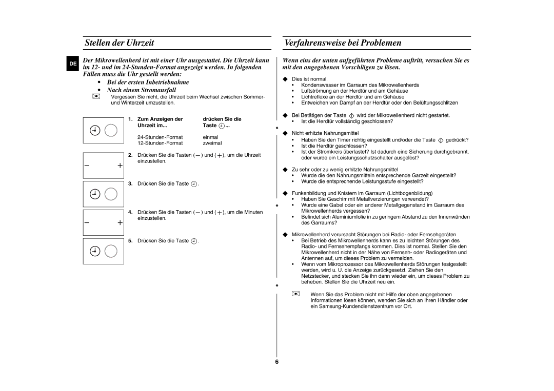 Samsung GE89MST/XEG manual Stellen der Uhrzeit, Verfahrensweise bei Problemen, Einzustellen 