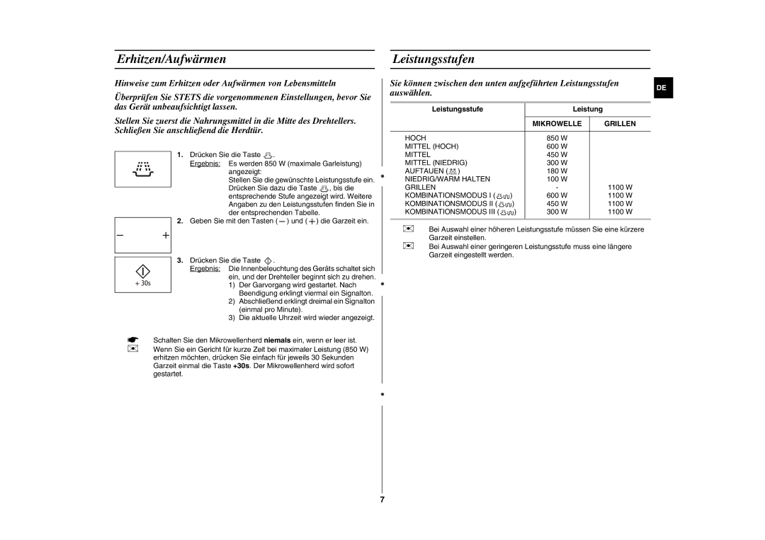 Samsung GE89MST/XEG manual Erhitzen/Aufwärmen Leistungsstufen, Mikrowelle Grillen 