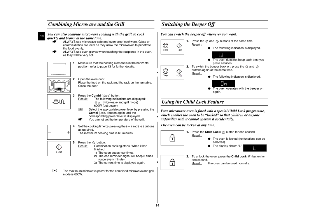 Samsung GE89MST/XSV manual Combining Microwave and the Grill Switching the Beeper Off, Using the Child Lock Feature 