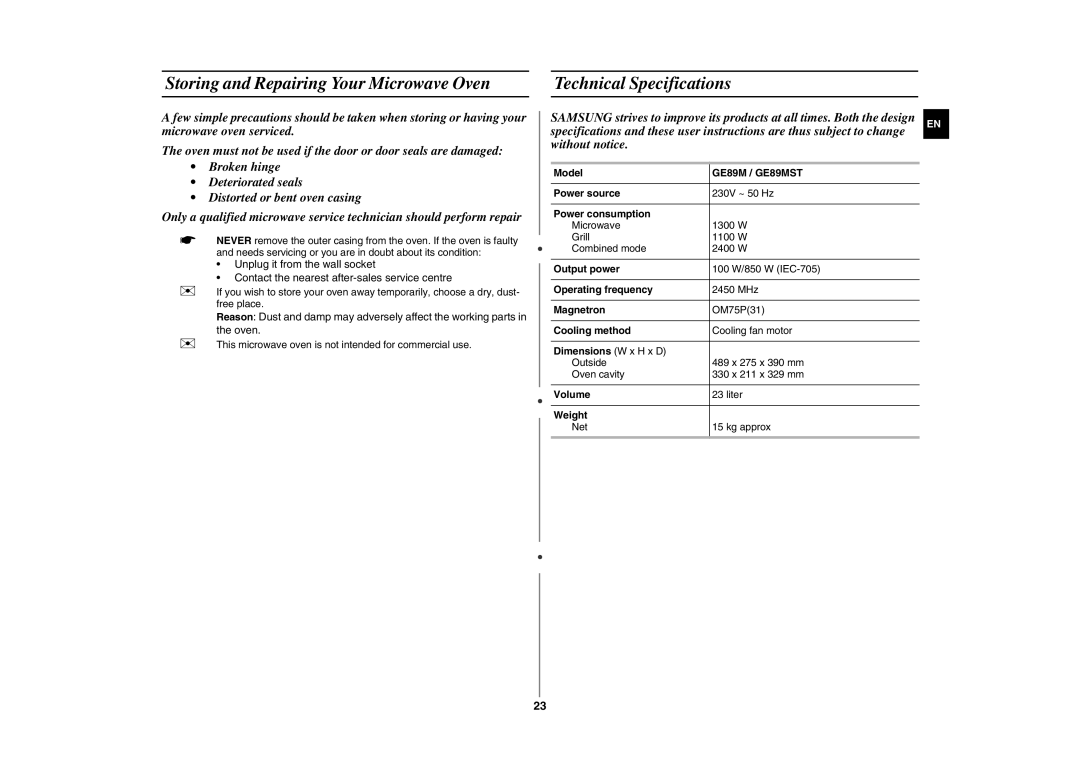 Samsung GE89MST/XSV manual Storing and Repairing Your Microwave Oven, Technical Specifications, GE89M / GE89MST 