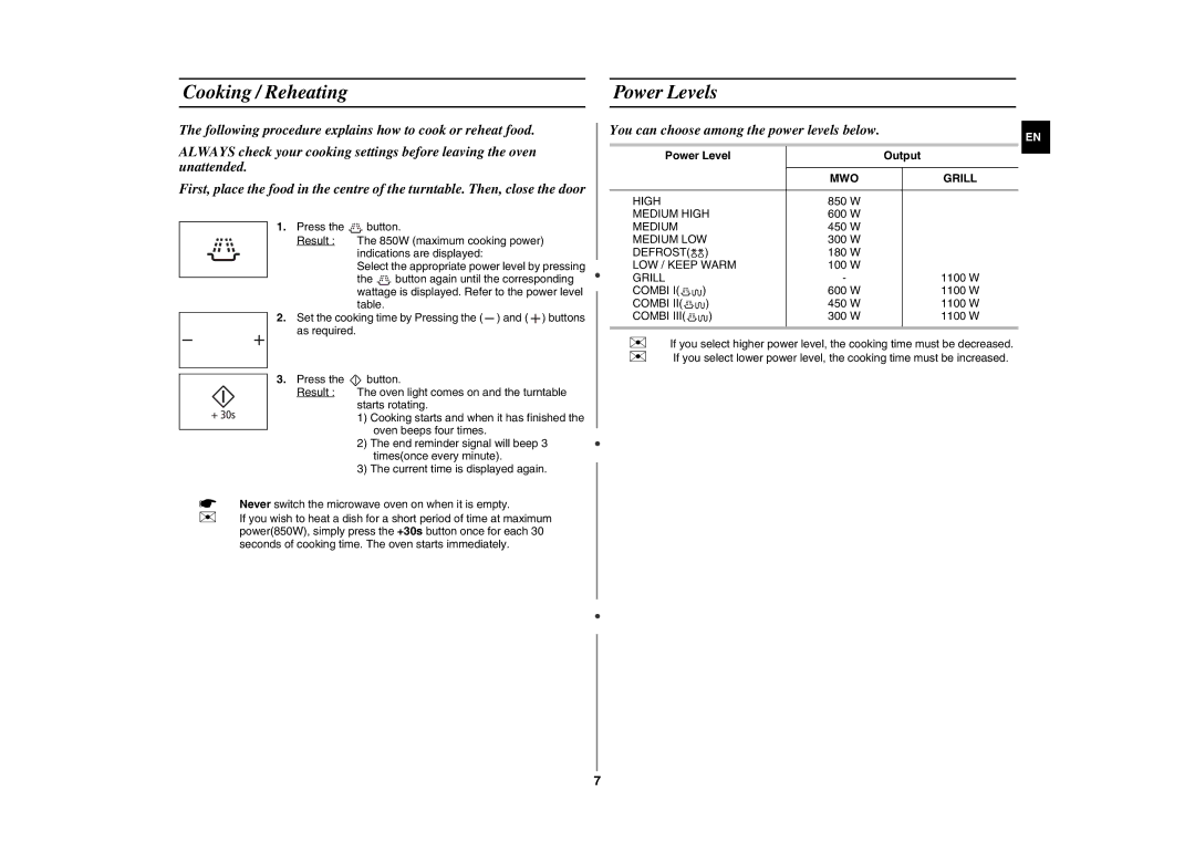 Samsung GE89MST/XSV Cooking / Reheating Power Levels, You can choose among the power levels below, Power Level Output 