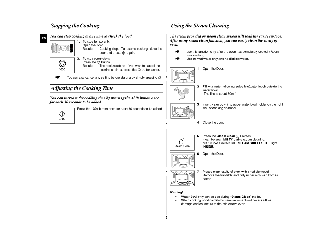 Samsung GE89MST/XSV manual Stopping the Cooking Using the Steam Cleaning, Adjusting the Cooking Time, Inside 