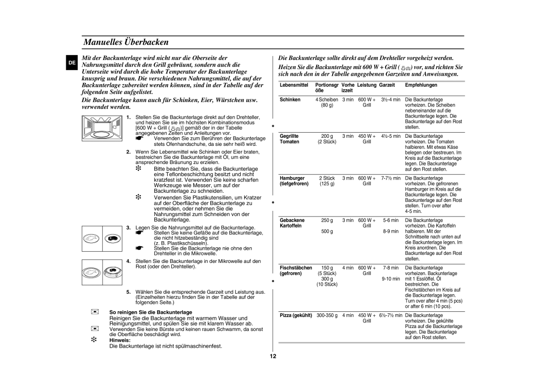 Samsung GE89M/XEG manual Manuelles Überbacken,  So reinigen Sie die Backunterlage 