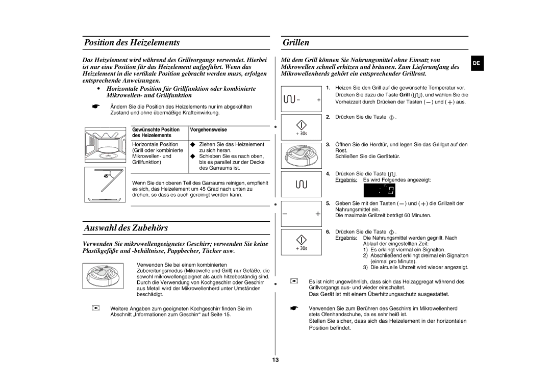 Samsung GE89M/XEG manual Position des Heizelements Grillen, Auswahl des Zubehörs 