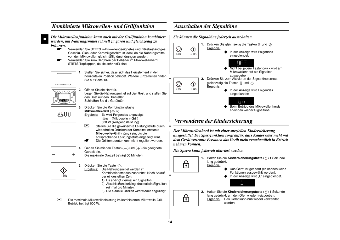 Samsung GE89M/XEG Kombinierte Mikrowellen- und Grillfunktion, Ausschalten der Signaltöne, Verwendeten der Kindersicherung 