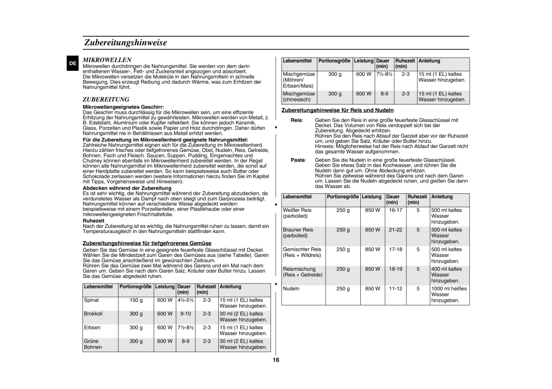 Samsung GE89M/XEG manual Zubereitungshinweise, Mikrowellen 