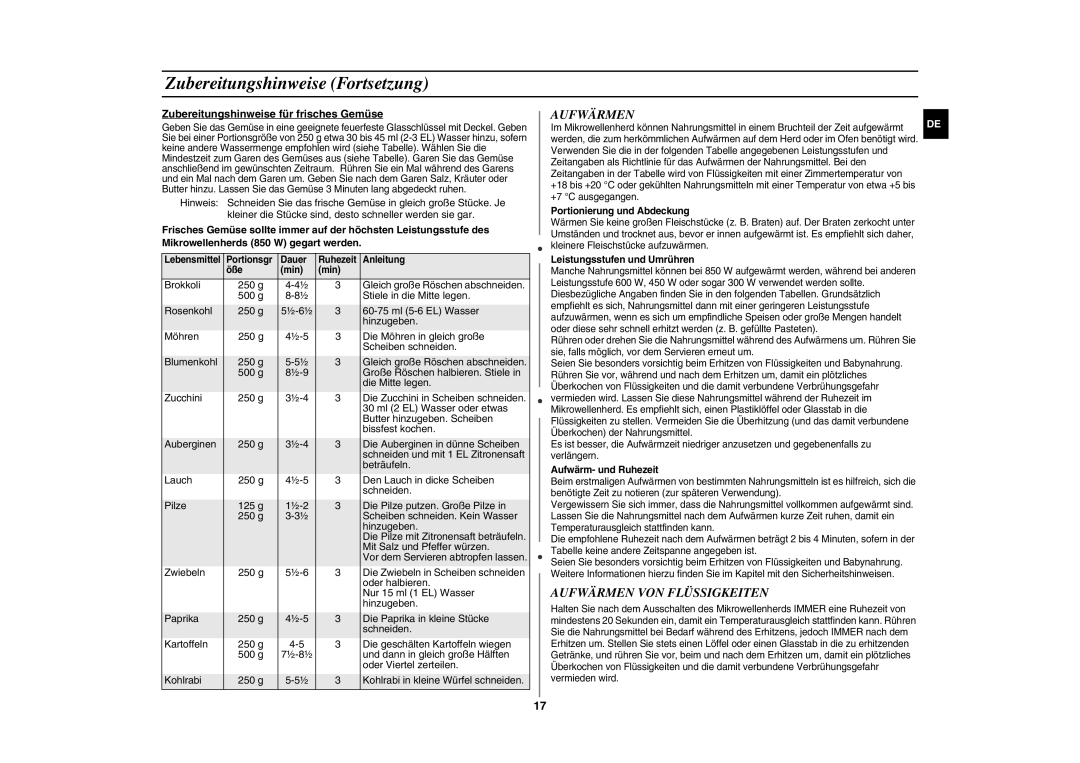 Samsung GE89M/XEG manual Zubereitungshinweise Fortsetzung, Aufwärmen VON Flüssigkeiten 