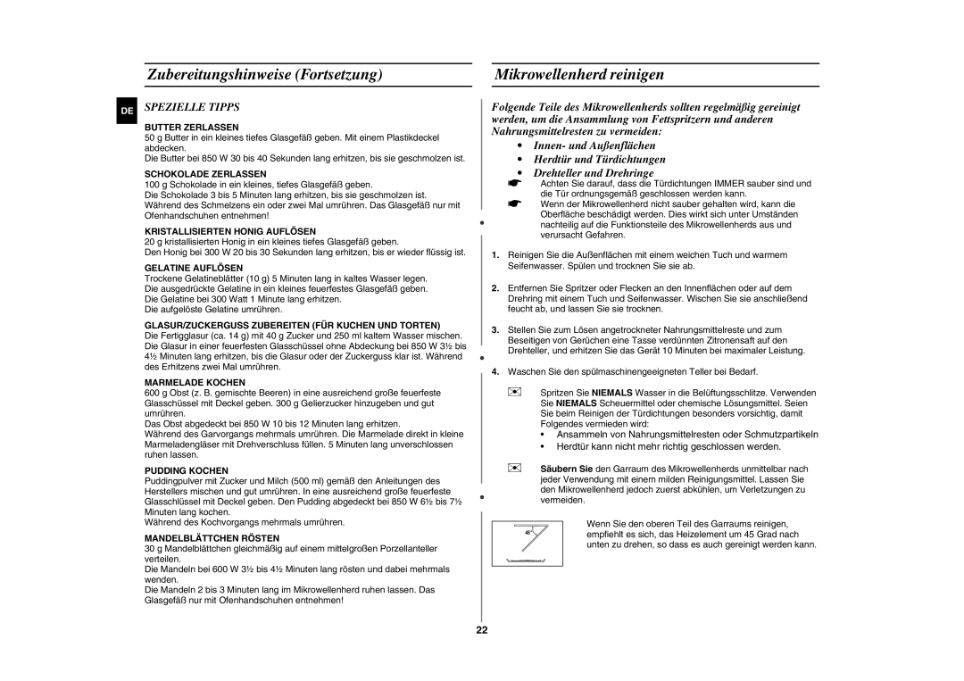 Samsung GE89M/XEG manual Zubereitungshinweise Fortsetzung Mikrowellenherd reinigen, Spezielle Tipps 